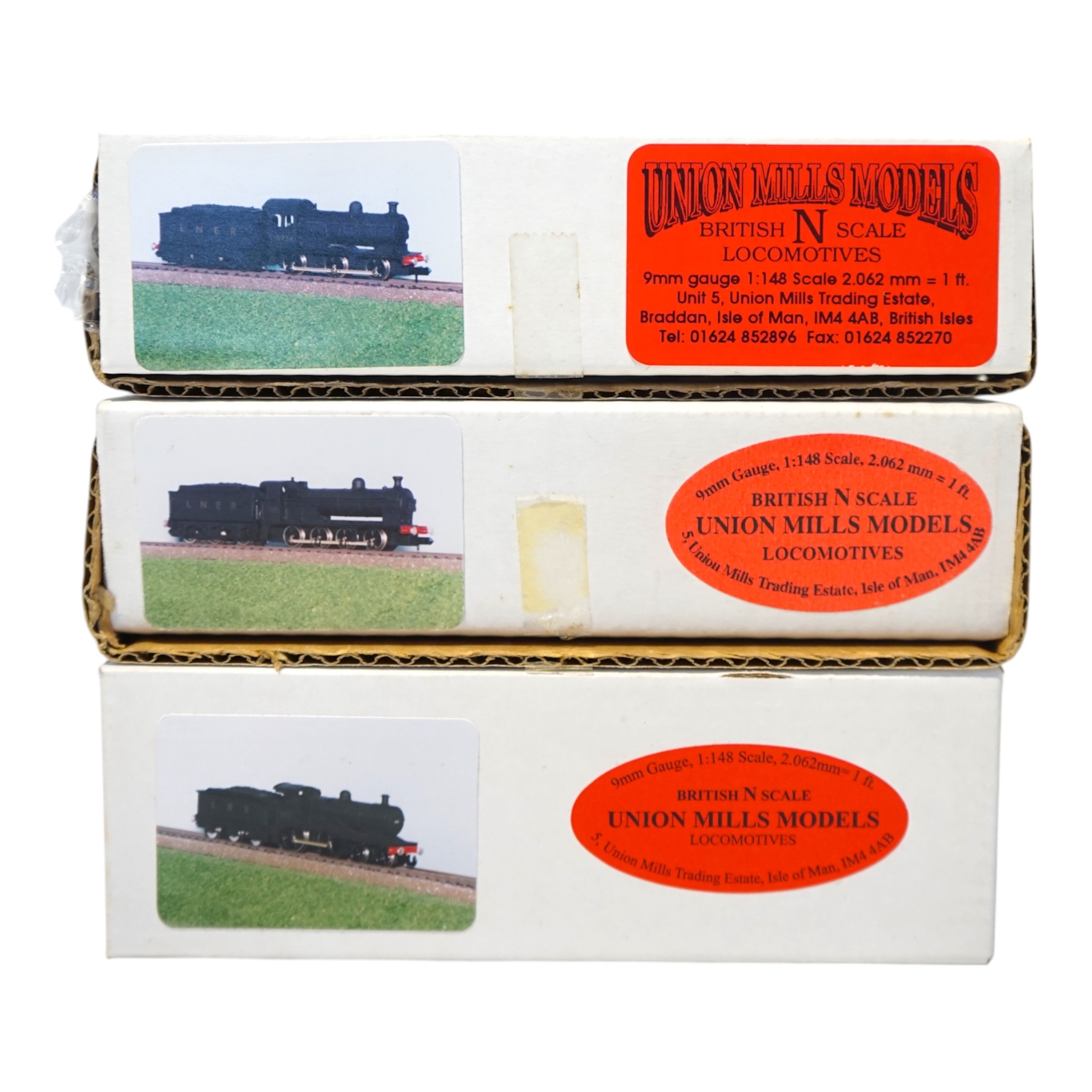 Three boxed Union Mills Models N gauge railway LNER locomotives; a Class Q2, 3359, a Class J26, 5734, and a Class 2P, 542. Condition - good.